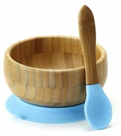 Avanchy Bamboo Stay Put Suction Baby Bowl + Spoon - Blue