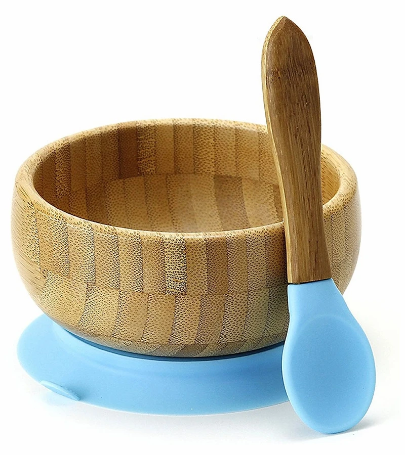 Avanchy Bamboo Stay Put Suction Baby Bowl + Spoon - Blue 3 Avanchy Bamboo Stay Put Suction Baby Bowl + Spoon - Blue