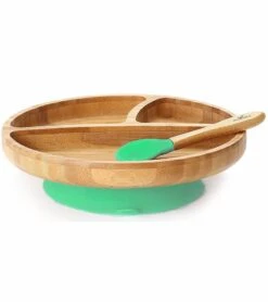 Avanchy Bamboo Suction Toddler Divided Plate + Spoon - Green