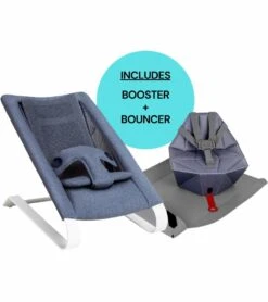 Bombol Pop-Up Booster Chair + Bamboo 3D Knit Bouncer Bundle - Denim Blue / Denim Blue