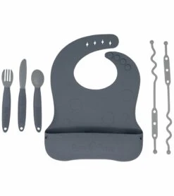 Busy Baby Bungee Bib & Utensil Bundle - Pewter