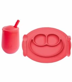 EZPZ Toddler Bundle - Mini Feeding Set + Mini Cup And Straw Training System - Coral