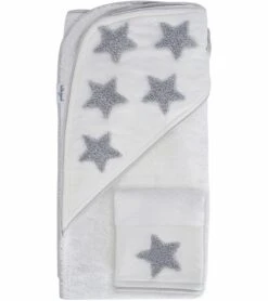 Hello Spud Organic Cotton Hooded Towel And Washcloth Set - Gray Stars