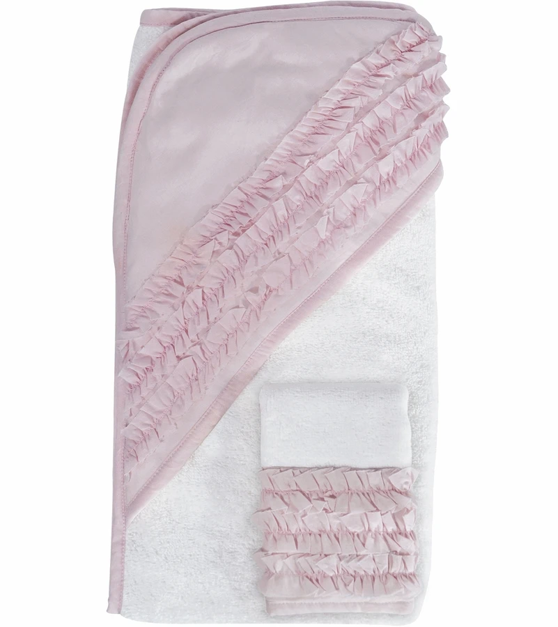 Hello Spud Organic Cotton Hooded Towel And Washcloth Set - Petite Ruffle Pink 3 Hello Spud Organic Cotton Hooded Towel And Washcloth Set - Petite Ruffle Pink