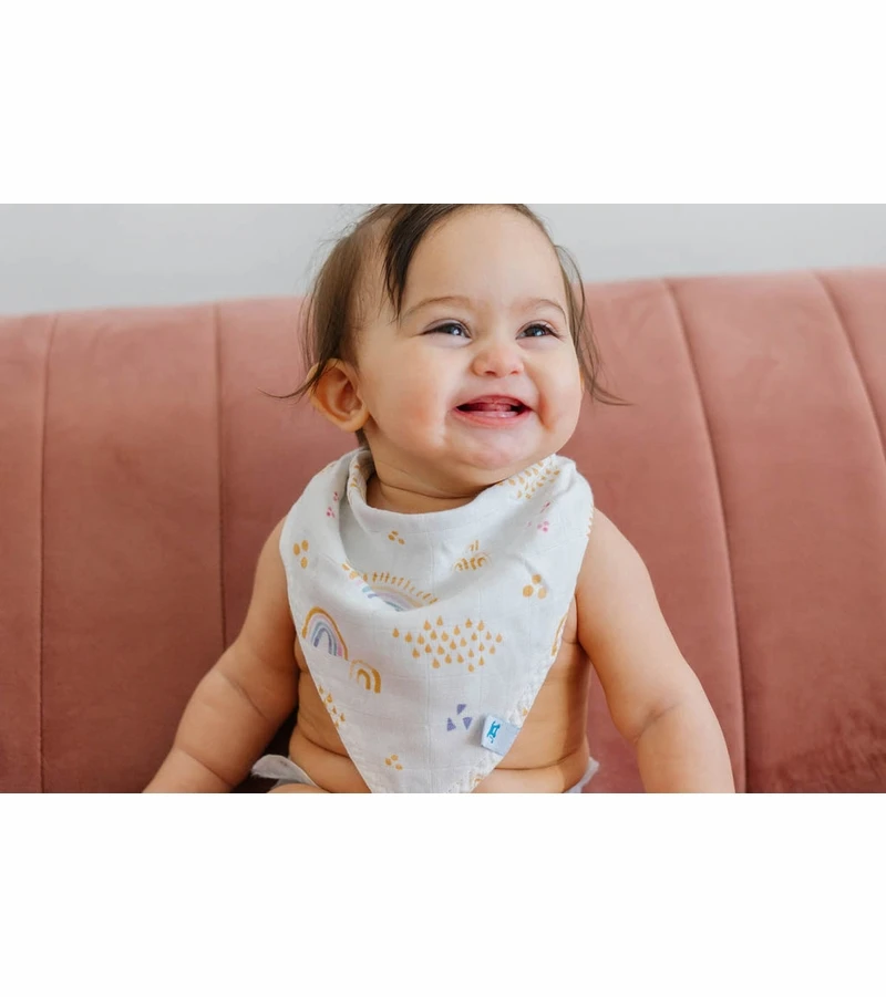 Little Unicorn Deluxe Muslin Reversible Bandana Bib - Rainbows & Raindrops 6 Little Unicorn Deluxe Muslin Reversible Bandana Bib - Rainbows & Raindrops - Image 4